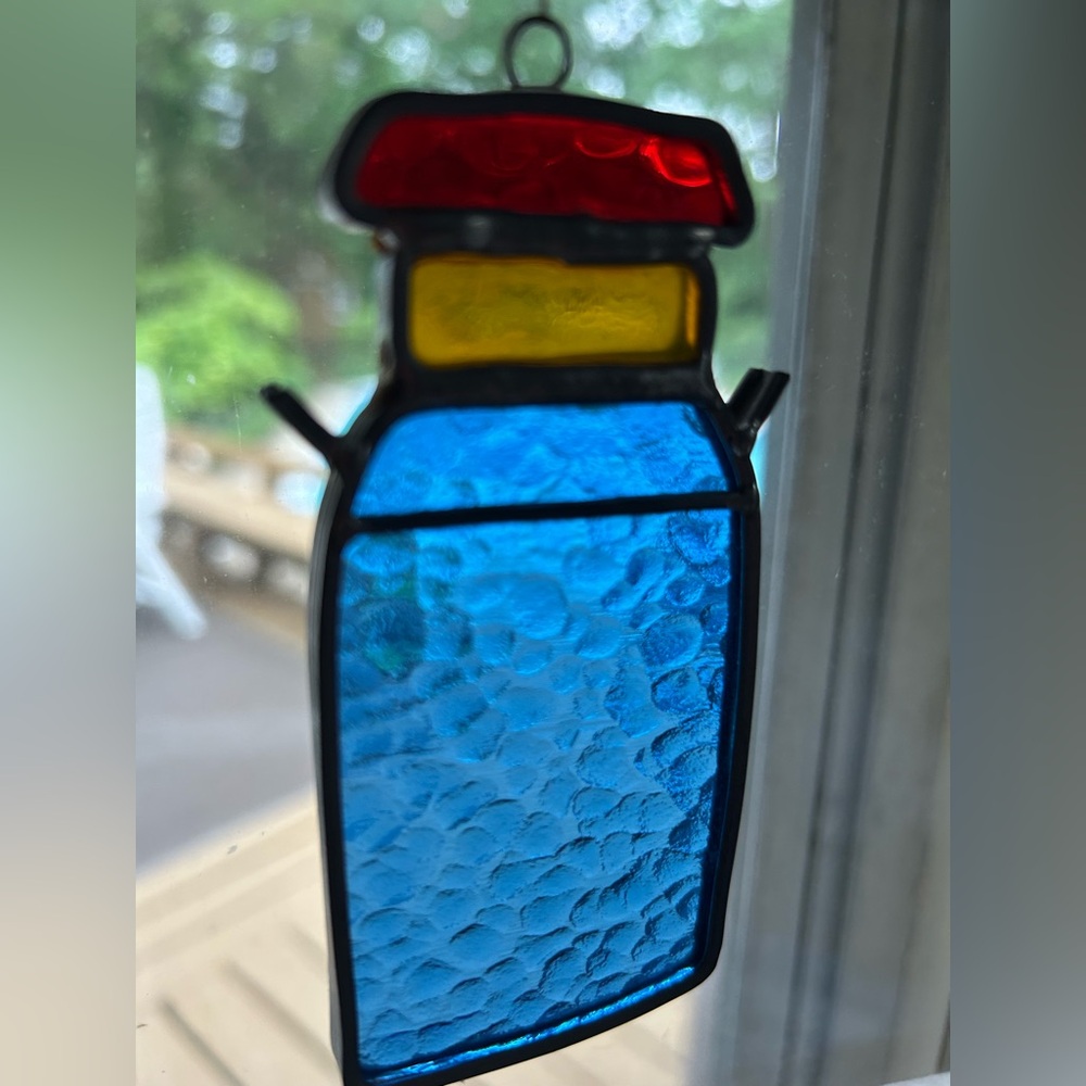 Handmade Blue, Red & Yellow Stained Glass Hanging Art